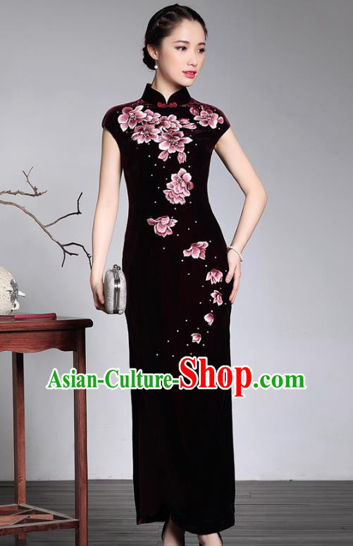 Traditional Chinese National Costume Elegant Hanfu Purple Velvet Embroidered Qipao Dress Cheongsam, China Tang Suit Plated Buttons Chirpaur for Women