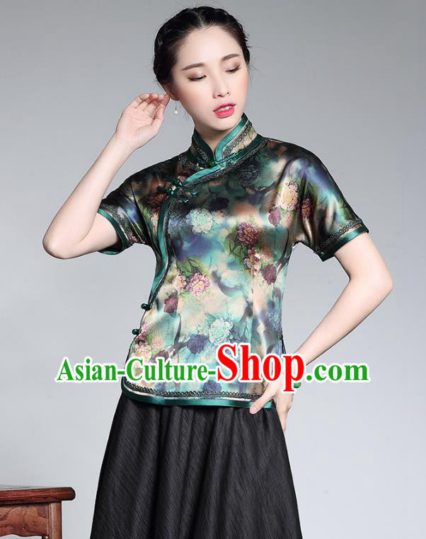 Traditional Chinese National Costume Elegant Hanfu Plated Button Printing Green Silk Shirt, China Tang Suit Upper Outer Garment Cheongsam Blouse for Women