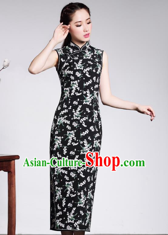 Traditional Chinese National Costume Elegant Hanfu Plated Button Black Qipao Dress, China Tang Suit Cheongsam for Women