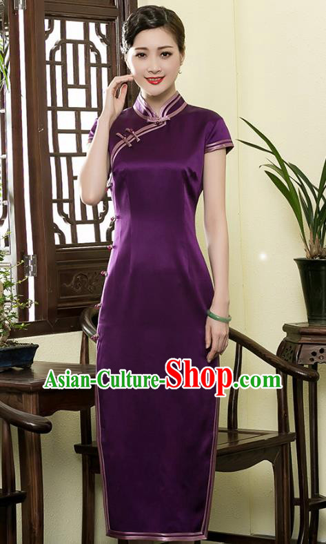 Traditional Chinese National Costume Elegant Hanfu Plated Buttons Purple Silk Qipao Dress, China Tang Suit Cheongsam for Women