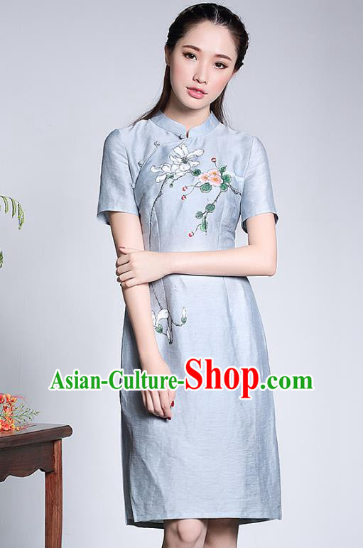 Traditional Chinese National Costume Elegant Hanfu Plated Buttons Blue Linen Qipao, China Tang Suit Hand Painting Cheongsam Dress for Women