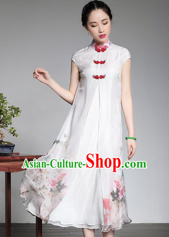 Traditional Chinese National Costume Elegant Hanfu Printing White Silk Qipao Dress, China Tang Suit Plated Buttons Cheongsam for Women