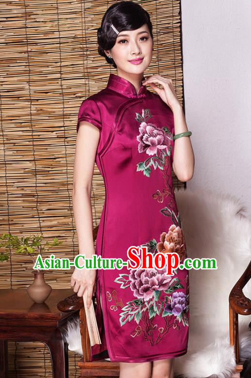 Traditional Chinese National Costume Elegant Hanfu Plated Buttons Qipao, China Tang Suit Rosy Silk Embroidered Cheongsam Dress for Women