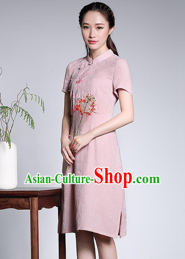 Traditional Chinese National Costume Hanfu Plated Button Pink Linen Qipao Dress, China Tang Suit Cheongsam for Women