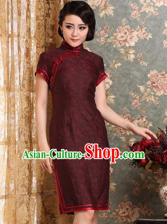 Traditional Chinese National Costume Hanfu Plated Button Red Silk Qipao Dress, China Tang Suit Cheongsam for Women