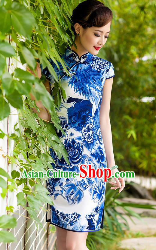 Traditional Chinese National Costume Hanfu Plated Button Printing Peony Blue Qipao Dress, China Tang Suit Cheongsam for Women