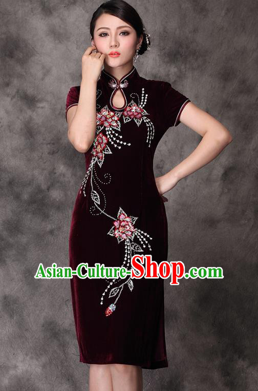 Traditional Chinese National Costume Wine Red Velvet Qipao Dress, China Tang Suit Chirpaur Cheongsam for Women