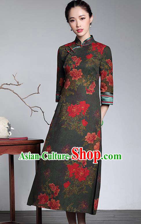 Traditional Chinese National Costume Printing Silk Qipao Dress, China Tang Suit Chirpaur Robe Cheongsam for Women