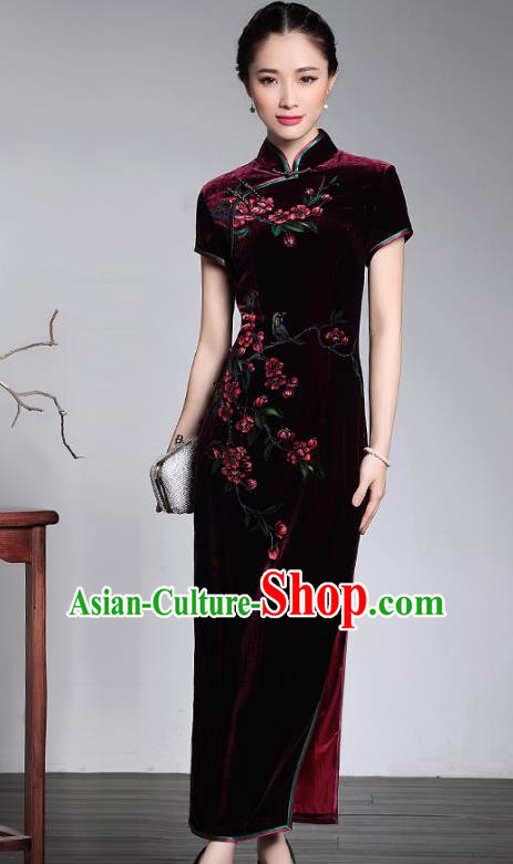 Traditional Chinese National Costume Plated Buttons Velvet Qipao Dress, China Tang Suit Chirpaur Purple Cheongsam for Women