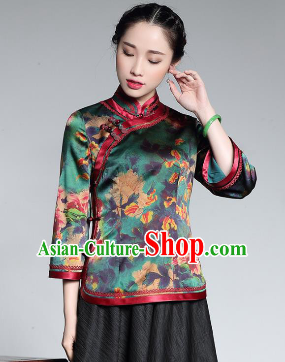 Traditional Chinese National Costume Plated Buttons Green Watered Gauze Qipao Shirts, China Tang Suit Chirpaur Cheongsam Blouse for Women