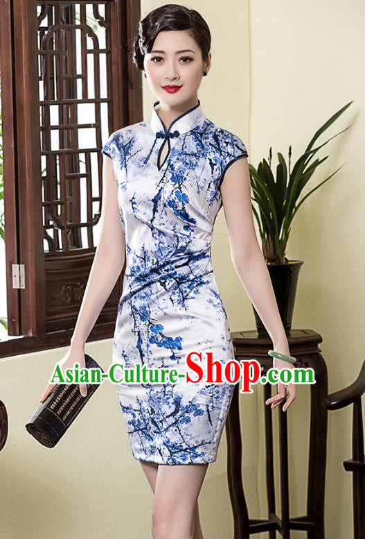 Traditional Chinese National Costume Plated Buttons Printing Wintersweet Qipao, China Tang Suit Chirpaur Silk Cheongsam for Women