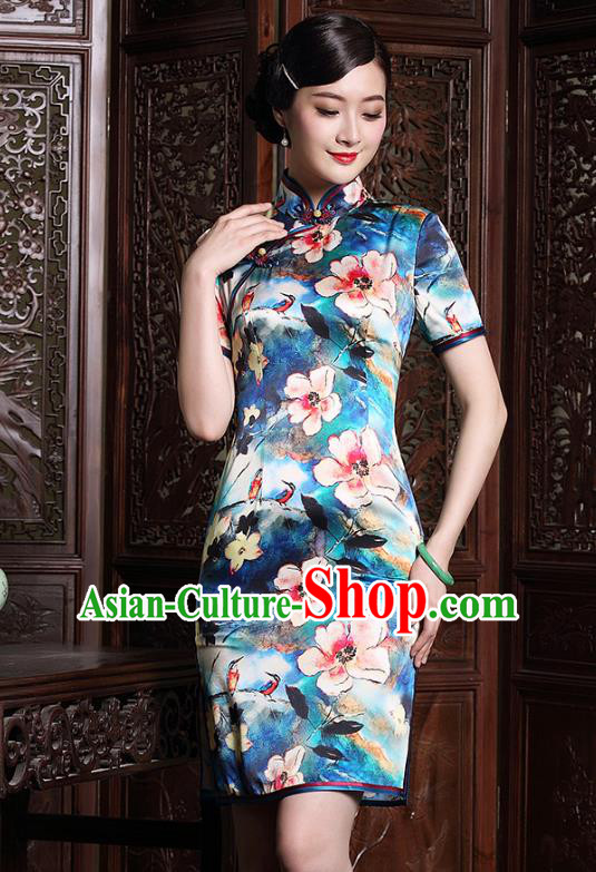 Traditional Chinese National Costume Plated Buttons Qipao, China Tang Suit Chirpaur Full Dress Silk Cheongsam for Women