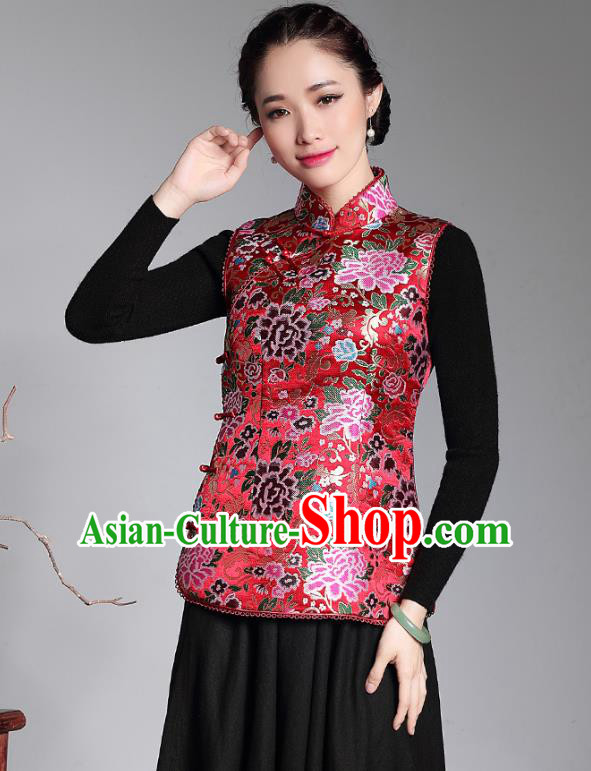 Traditional Chinese National Costume Plated Buttons Red Vest, China Tang Suit Chirpaur Upper Outer Garment Top Grade Brocade Waistcoat for Women