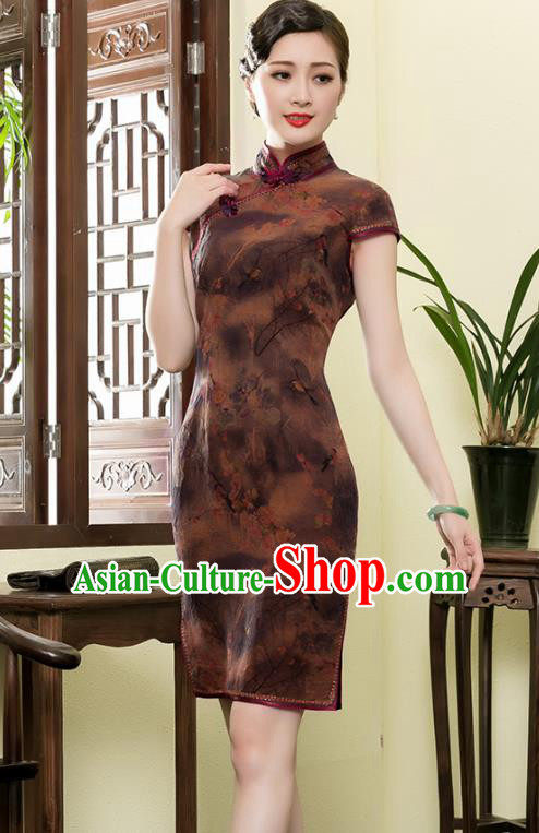 Traditional Chinese National Costume Plated Buttons Brown Silk Qipao Dress, Top Grade Tang Suit Stand Collar Cheongsam for Women