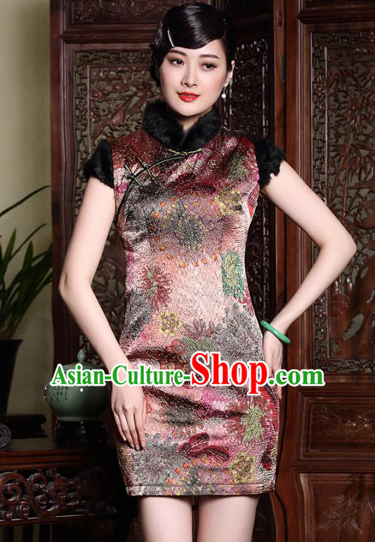 Traditional Chinese National Costume Plated Buttons Silk Short Qipao Dress, Top Grade Tang Suit Stand Collar Printing Cheongsam for Women