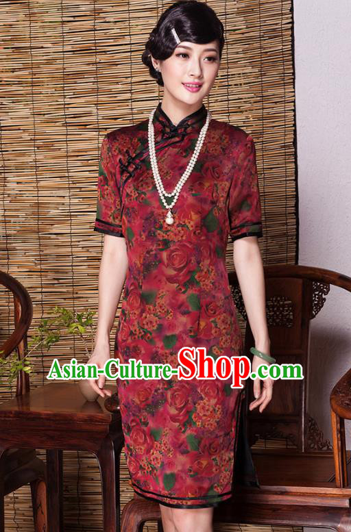 Traditional Chinese National Costume Plated Buttons Qipao, China Tang Suit Chirpaur Top Grade Red Silk Cheongsam for Women