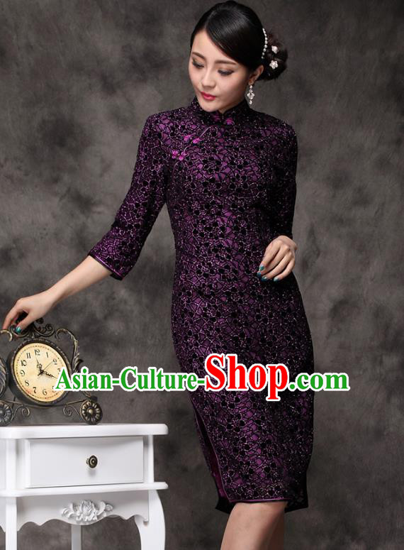 Traditional Chinese National Costume Plated Buttons Purple Qipao Dress, Top Grade Tang Suit Stand Collar Cheongsam for Women