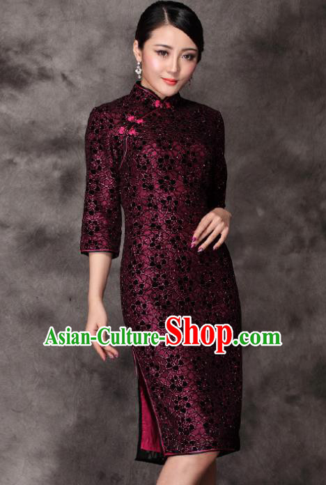 Traditional Chinese National Costume Plated Buttons Rosy Qipao Dress, Top Grade Tang Suit Stand Collar Cheongsam for Women