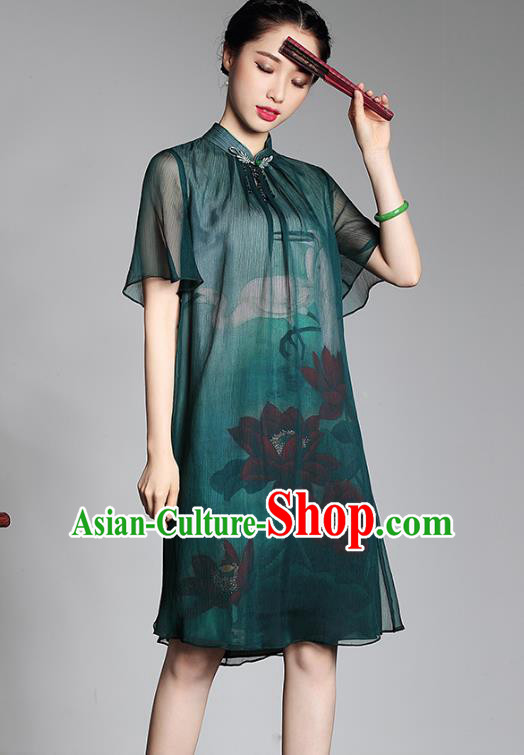Traditional Chinese National Costume Plated Buttons Green Silk Qipao Dress, Top Grade Tang Suit Stand Collar Printing Lotus Cheongsam for Women
