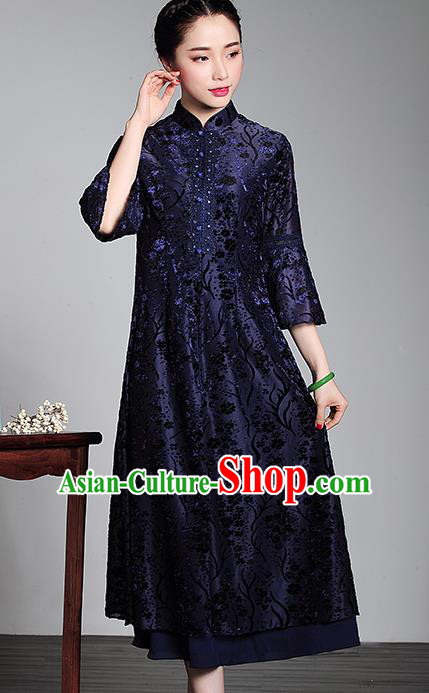Traditional Chinese National Costume Plated Buttons Qipao Blue Velvet Dress, Top Grade Tang Suit Stand Collar Cheongsam for Women