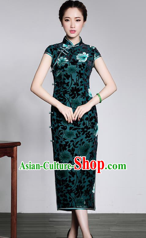 Traditional Chinese National Costume Qipao Green Velvet Dress, Top Grade Tang Suit Stand Collar Cheongsam for Women