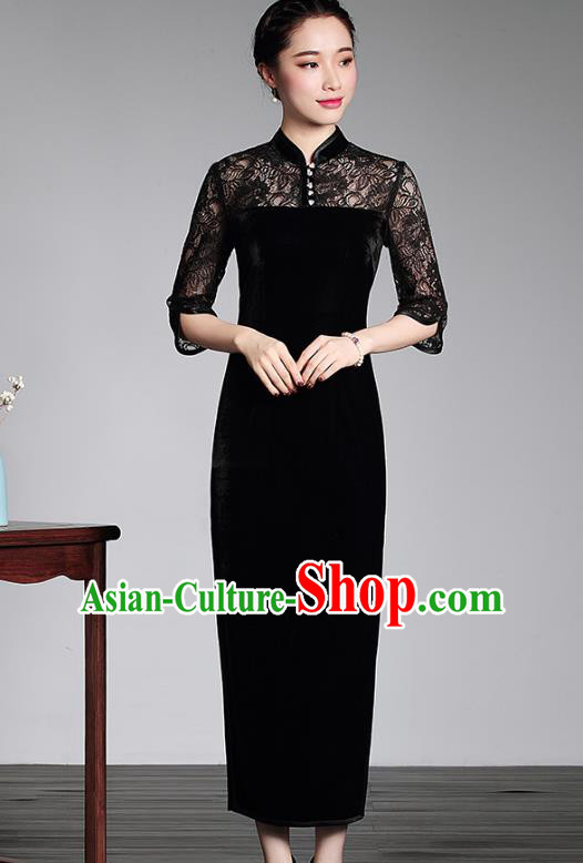 Traditional Chinese National Costume Black Lace Velvet Qipao, Top Grade Tang Suit Stand Collar Cheongsam Dress for Women
