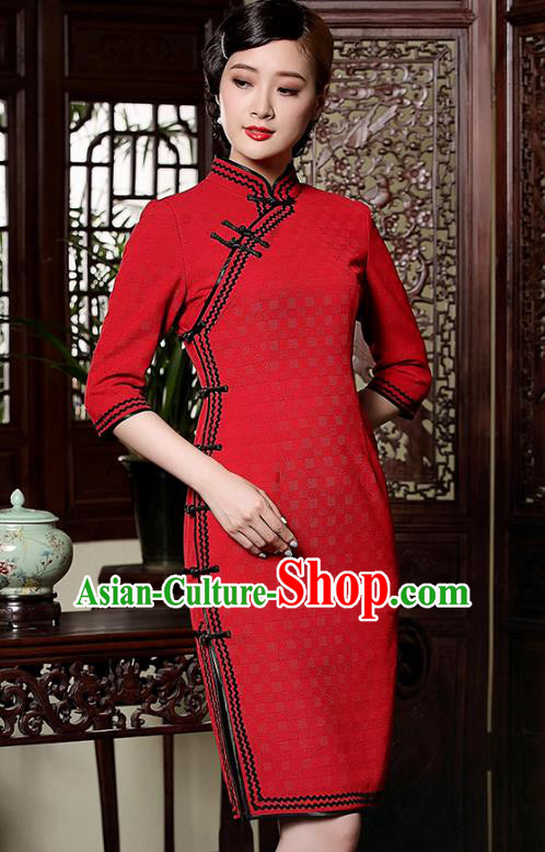 Traditional Chinese National Costume Qipao Red Wool Dress, Top Grade Tang Suit Stand Collar Cheongsam for Women
