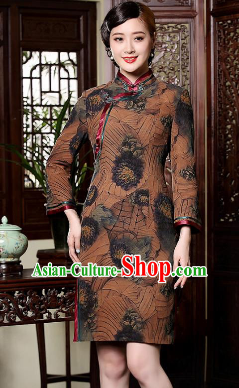 Traditional Chinese National Costume Printing Brown Silk Qipao, Top Grade Tang Suit Stand Collar Cheongsam Dress for Women