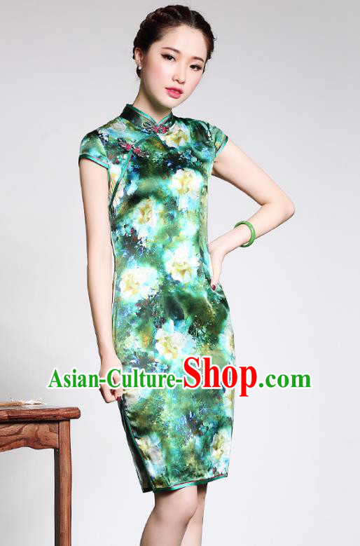 Traditional Ancient Chinese Young Lady Printing Green Silk Cheongsam, Republic of China Stand Collar Qipao Dress Tang Suit Clothing for Women