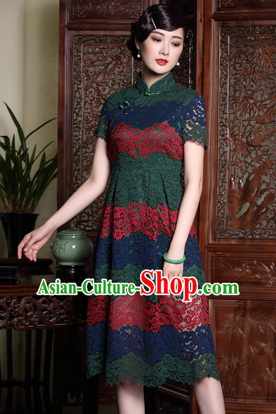 Traditional Chinese National Costume Green Lace Qipao Dress, Top Grade Tang Suit Stand Collar Cheongsam for Women