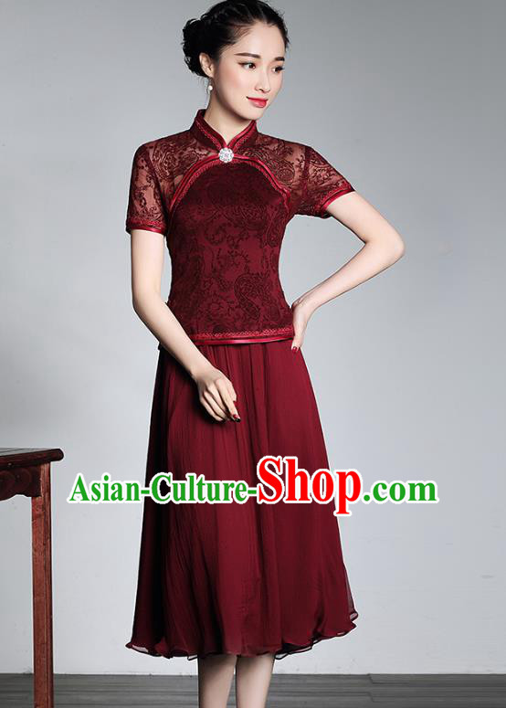 Traditional Ancient Chinese Young Lady Red Lace Cheongsam, Republic of China Stand Collar Qipao Tang Suit Dress for Women