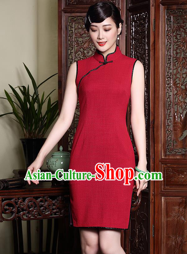 Traditional Ancient Chinese Young Lady Red Wedding Cheongsam, Republic of China Qipao Tang Suit Dress for Women