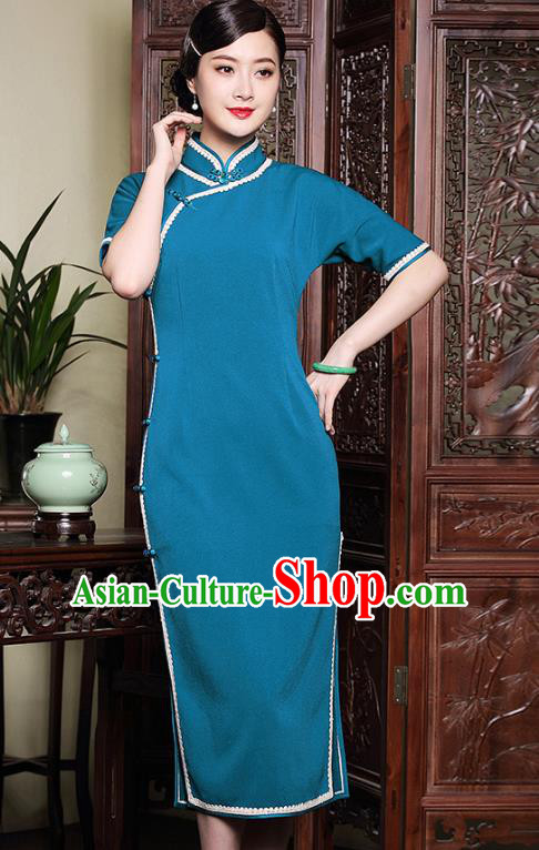 Traditional Ancient Chinese Young Lady Plated Buttons Blue Cheongsam, Asian Republic of China Qipao Tang Suit Dress for Women