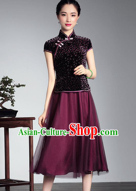 Traditional Ancient Chinese Young Lady Plated Buttons Velvet Cheongsam, Asian Republic of China Qipao Tang Suit Dress for Women