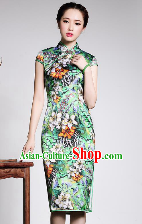 Traditional Ancient Chinese Young Lady Retro Silk Cheongsam Green Printing Dress, Asian Republic of China Qipao Tang Suit Clothing for Women