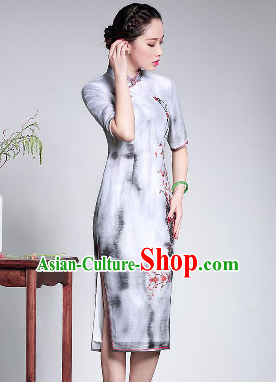 Traditional Ancient Chinese Young Lady Retro Silk Cheongsam White Printing Dress, Asian Republic of China Qipao Tang Suit Clothing for Women
