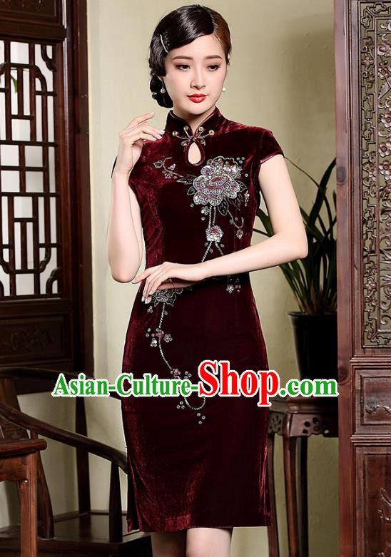 Traditional Ancient Chinese Young Lady Retro Cheongsam Wine Red Velvet Dress, Asian Republic of China Qipao Tang Suit Clothing for Women