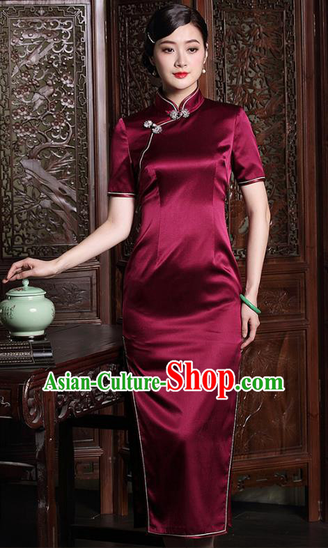 Traditional Ancient Chinese Young Lady Retro Wine Red Silk Cheongsam, Asian Republic of China Qipao Tang Suit Dress for Women