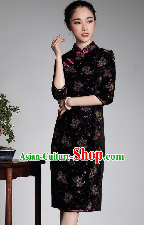 Traditional Ancient Chinese Young Lady Retro Purple Velvet Hot Drilling Cheongsam, Asian Republic of China Qipao Tang Suit Dress for Women