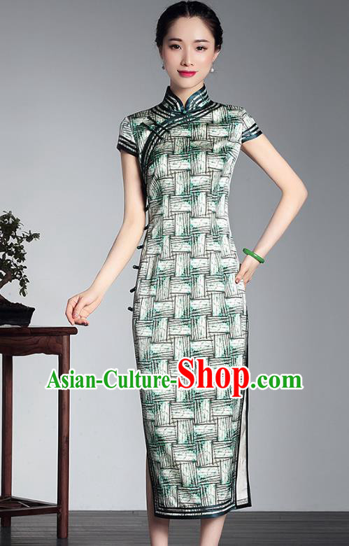 Traditional Ancient Chinese Young Lady Retro Silk Printing Green Cheongsam, Asian Republic of China Qipao Tang Suit Dress for Women