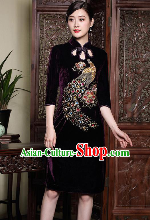 Traditional Ancient Chinese Young Lady Retro Stand Collar Purple Velvet Peacock Cheongsam, Asian Republic of China Qipao Tang Suit Dress for Women