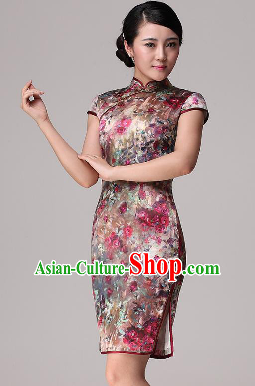 Traditional Ancient Chinese Young Lady Retro Stand Collar Printing Flowers Cheongsam, Asian Republic of China Qipao Tang Suit Dress for Women