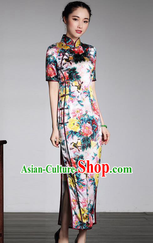 Traditional Ancient Chinese Young Lady Retro Stand Collar Printing Flowers Long Cheongsam, Asian Republic of China Qipao Tang Suit Dress for Women