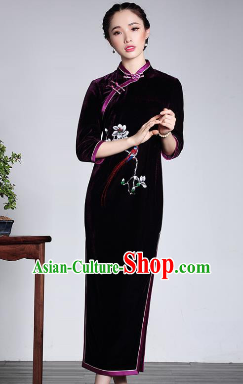 Asian Republic of China Top Grade Plated Buttons Purple Velvet Cheongsam, Traditional Chinese Tang Suit Qipao Dress for Women