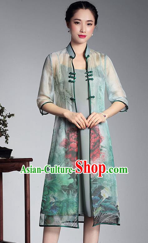 Asian Republic of China Top Grade Plated Buttons Printing Green Cheongsam Cardigan, Traditional Chinese Tang Suit Qipao Dust Coat for Women