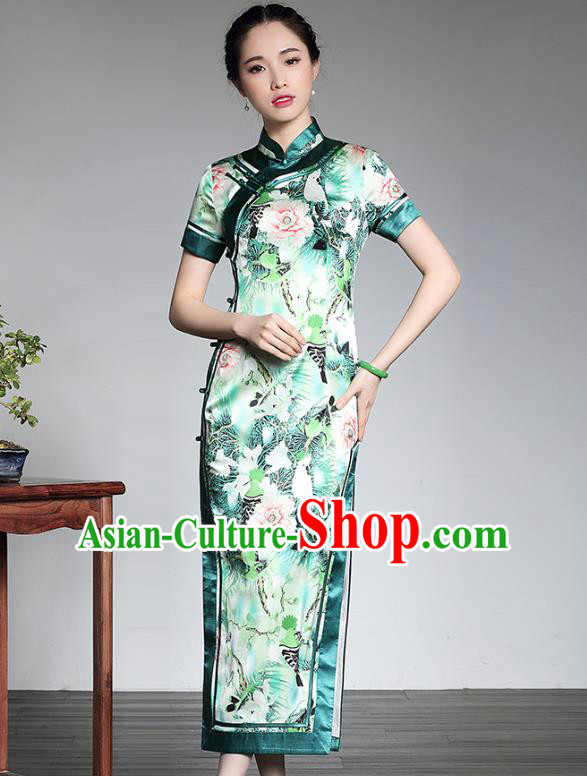 Asian Republic of China Top Grade Plated Buttons Printing Green Silk Long Cheongsam, Traditional Chinese Tang Suit Qipao Dress for Women