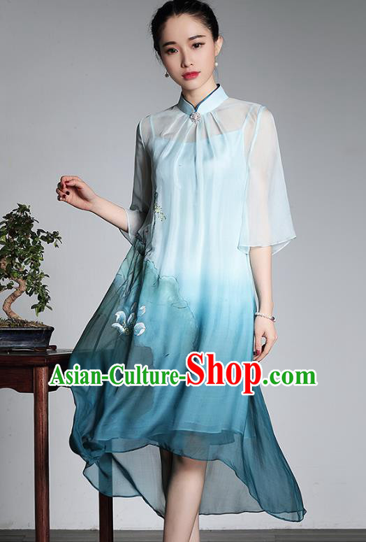 Asian Republic of China Top Grade Plated Buttons Printing Blue Silk Cheongsam, Traditional Chinese Tang Suit Qipao Dress for Women