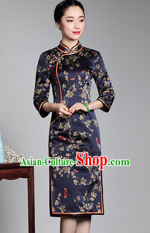 Asian Republic of China Top Grade Plated Buttons Printing Navy Silk Cheongsam, Traditional Chinese Tang Suit Qipao Dress for Women