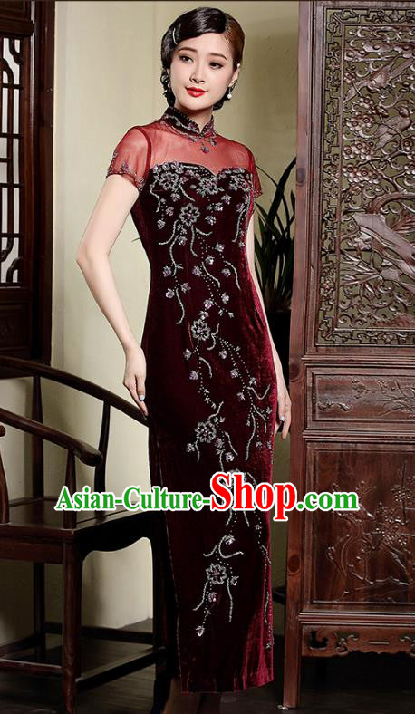 Traditional Ancient Chinese Young Lady Retro Stand Collar Wine Red Velvet Cheongsam, Asian Republic of China Qipao Tang Suit Dress for Women