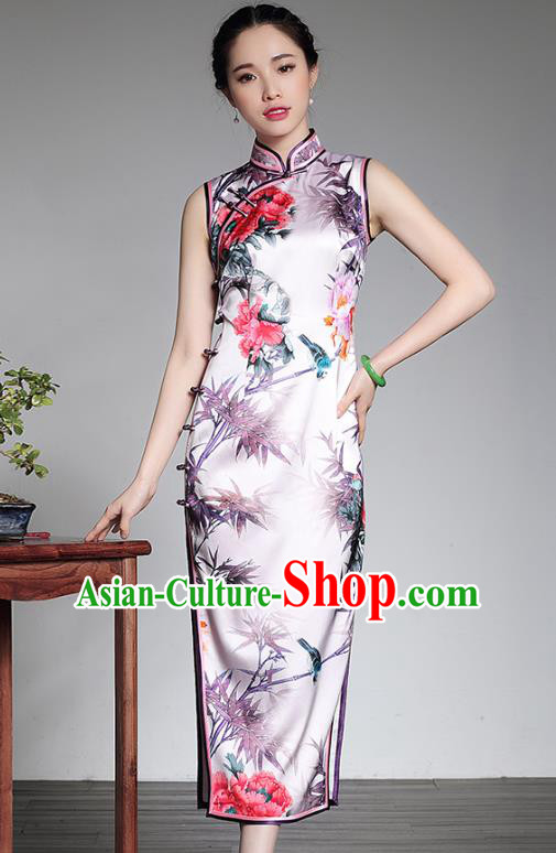 Top Grade Asian Republic of China Plated Buttons Printing Bamboo Cheongsam, Traditional Chinese Tang Suit Qipao Dress for Women